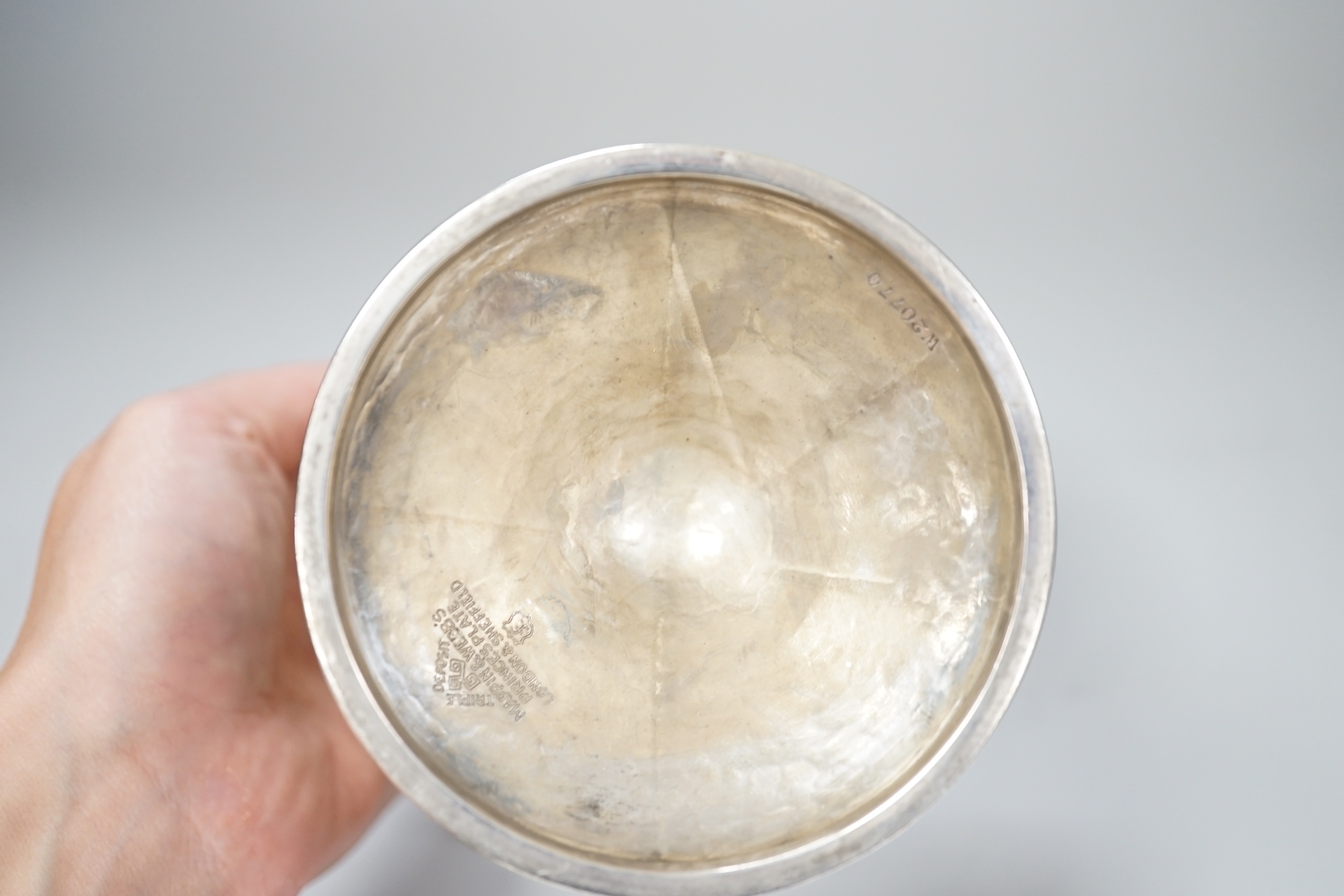 An Arts & Crafts hammered silver plated trophy, 1929 ‘The Richard Burbidge Cup’ Richard Burbidge was managing director of Harrods, 13.5cm